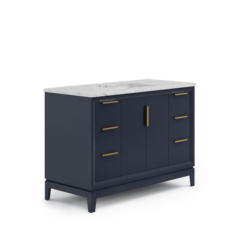 Elizabeth 48 In. Single Sink Carrara White Marble Countertop Bath Vanity In Monarch Blue with Satin Gold Hardware