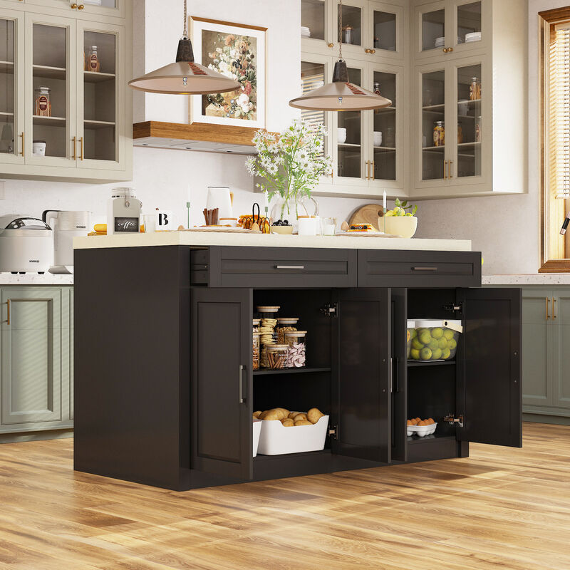 FUFU&GAGA Kitchen Island with Storage & Drawers, MDF Construction with Stone-like Finish (61" W x 37.4" H x 29.1" D)Beige Stone Pattern Top