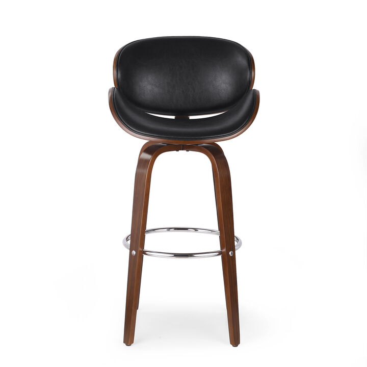 Zaine Swivel Barstool Chair, Walnut Veneer, Black Faux Leather - Benzara