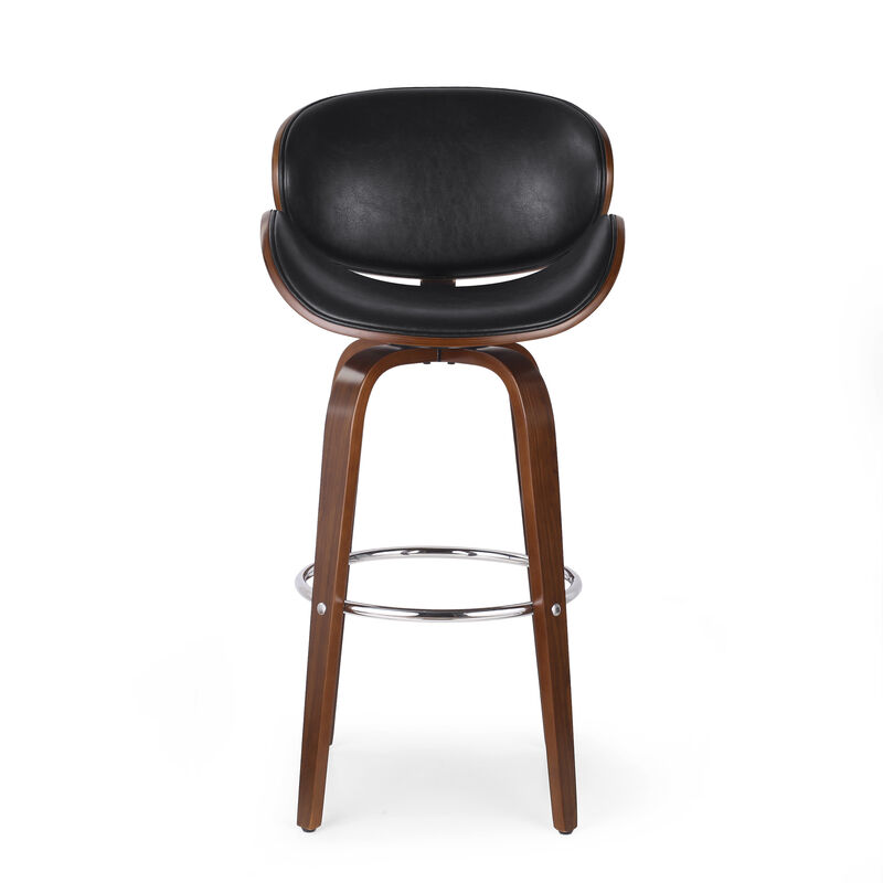Zaine Swivel Barstool Chair, Walnut Veneer, Black Faux Leather - Benzara