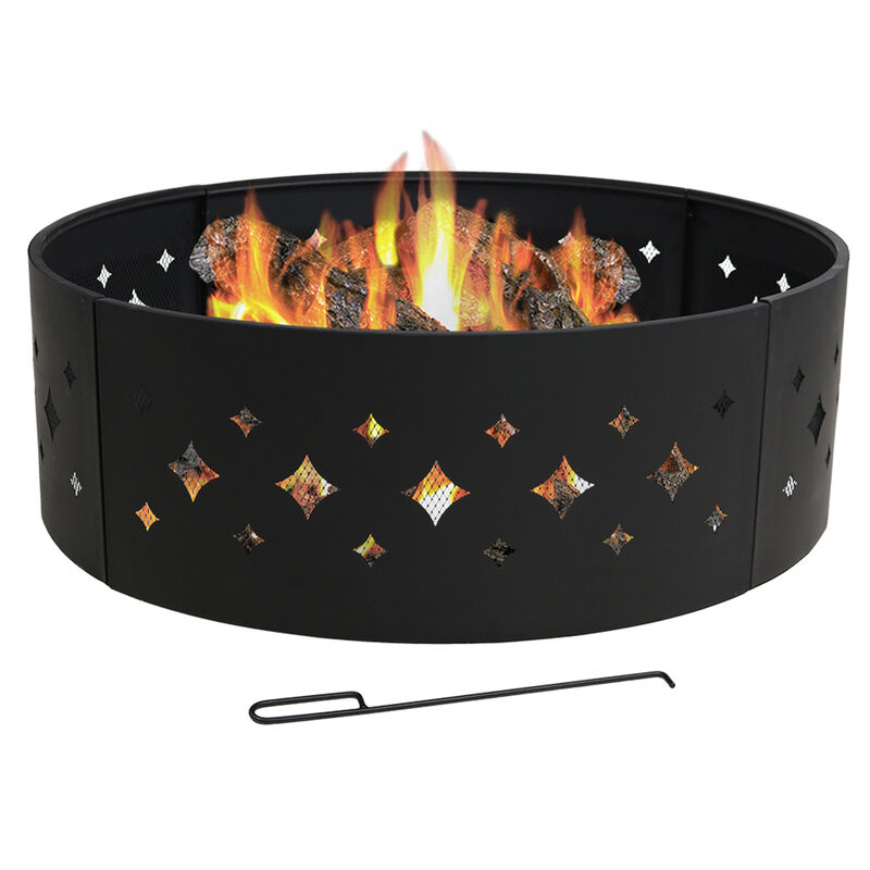 Sunnydaze 36 in Diamond Cut-Out Steel Wood Burning Fire Pit Ring with Poker