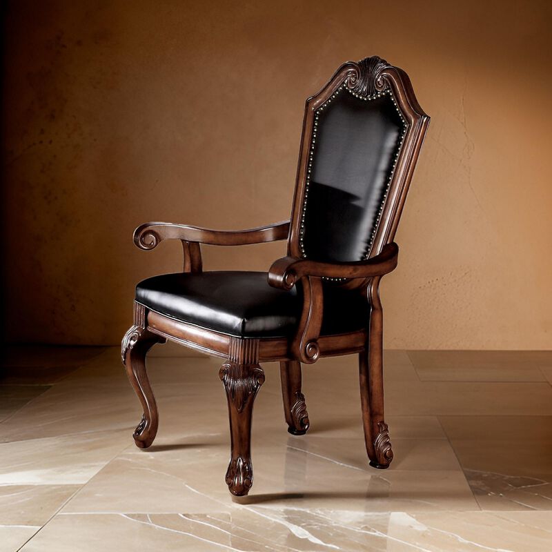 Loki 28 Inch Dining Armchair, Nailhead Trim, Faux Leather, Set of 2, Brown-Benzara