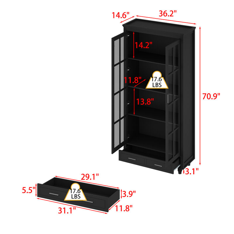 FUFU&GAGA Black Bookcase with Storage & Drawers, P2 MDF & Tempered Glass Construction (70.9" H x 36.2" W x 14.6" D), Black