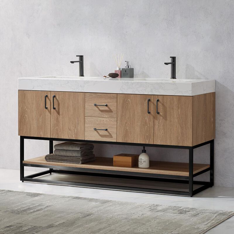 Vinnova Design 60B Double Vanity with White Grain Stone Countertop Without Mirror