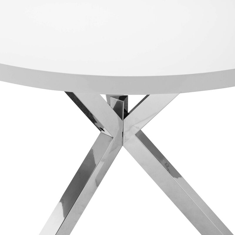 Emi 47 Inch Round Dining Table, X- Cross Brushed Steel, White Wood - Benzara
