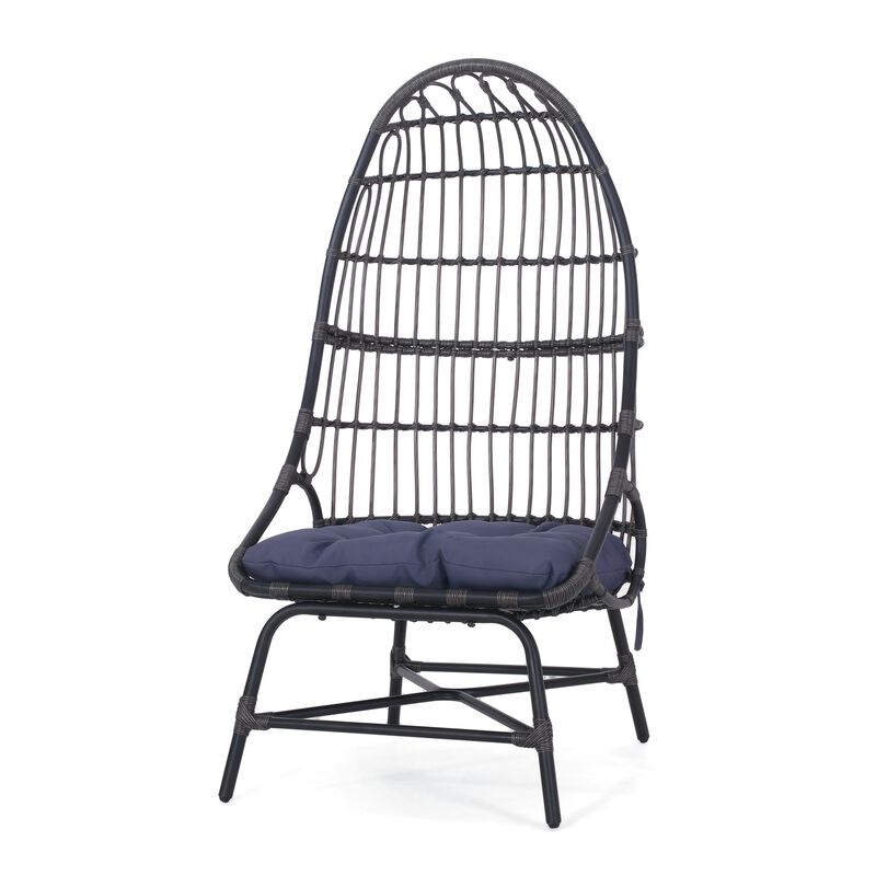 Elena Outdoor Chair, Basket Shape, Gray Fabric, Black PE Rattan, Iron - Benzara