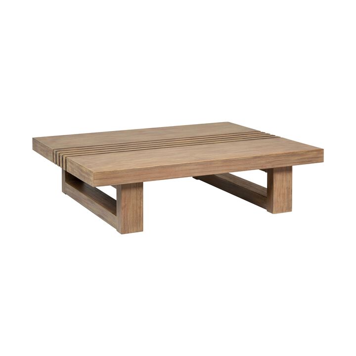 Hida 33 Inch Outdoor Patio Coffee Table, Grooved Top, Brown Eucalyptus Wood - Benzara