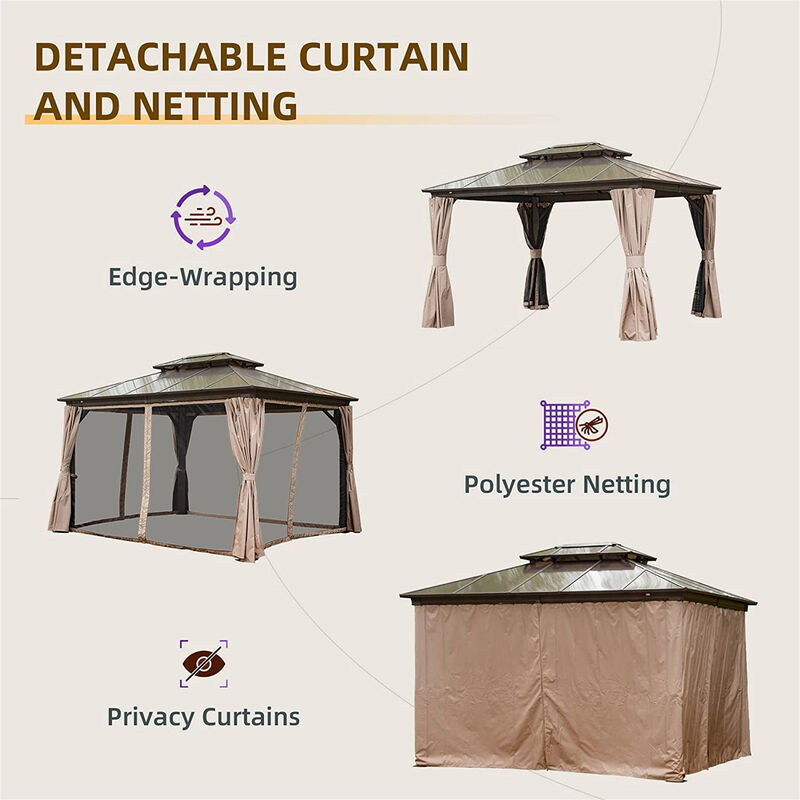 MONDAWE 10x12ft Hardtop Gazebo, Permanent Outdoor Gazebo with Polycarbonate Double Roof, Aluminum Gazebo Pavilion with Curtain and Net for Garden, Patio, Lawns, Deck, Backyard(Brown)