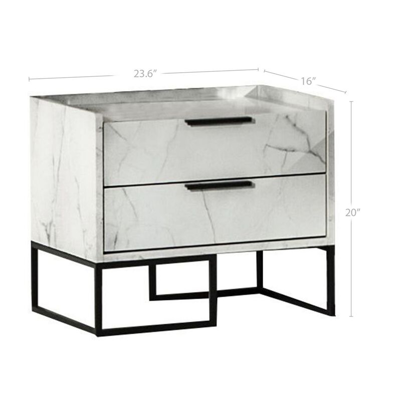 Noe Paul 24 Inch Wood Nightstand, 2 Drawers, Faux White Marble, Metal Legs-Benzara