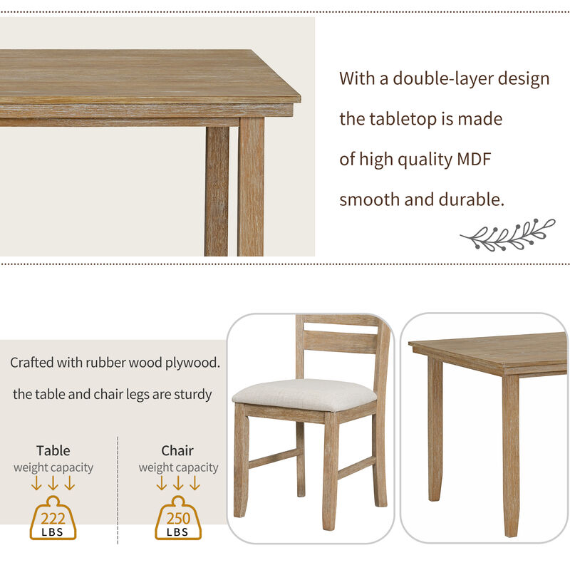 Dining Room Table and Chairs with Bench, Rustic Wood Dining Set, Set of 6 (Natural Wood Wash)