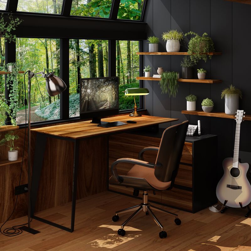54.3 in. Reversible L-Shaped Brown Wood Writing Desk Office Workstation With Adjustable Shelves, Drawers, Doors Cabinet