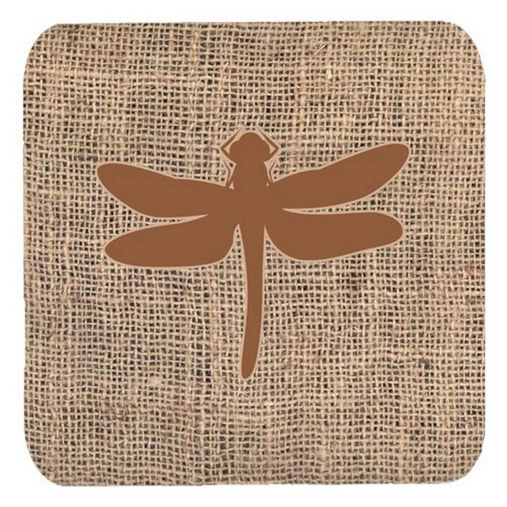 Caroline's Treasures BB1062-BL-BN-FC Dragonfly Burlap and Brown Foam Coasters (Set of 4), 3.5 H x 3.5 W, Multicolor