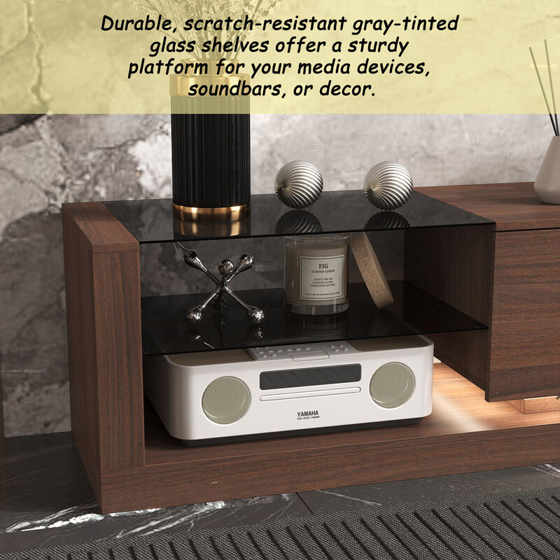 FUFU&GAGA Wood Veneer Glass TV Cabinet, MDF with Gray Tempered Glass, LED Strip Design, Modern Minimalist Style, (89.4 " W x 15.7" D x17.3" H), Walnut