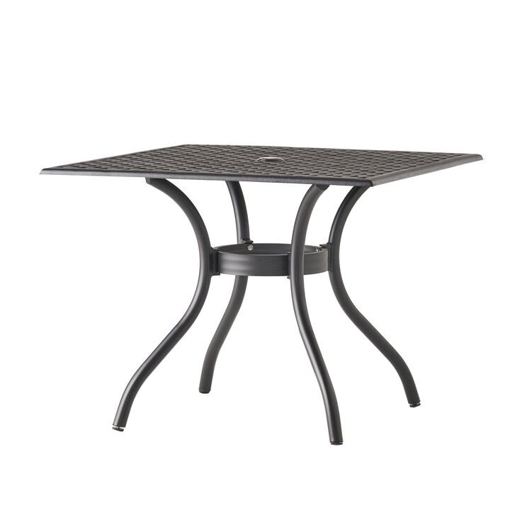 Cay Outdoor Dining Table, 40 Inch Square Top, Black Lattice Metal Design
