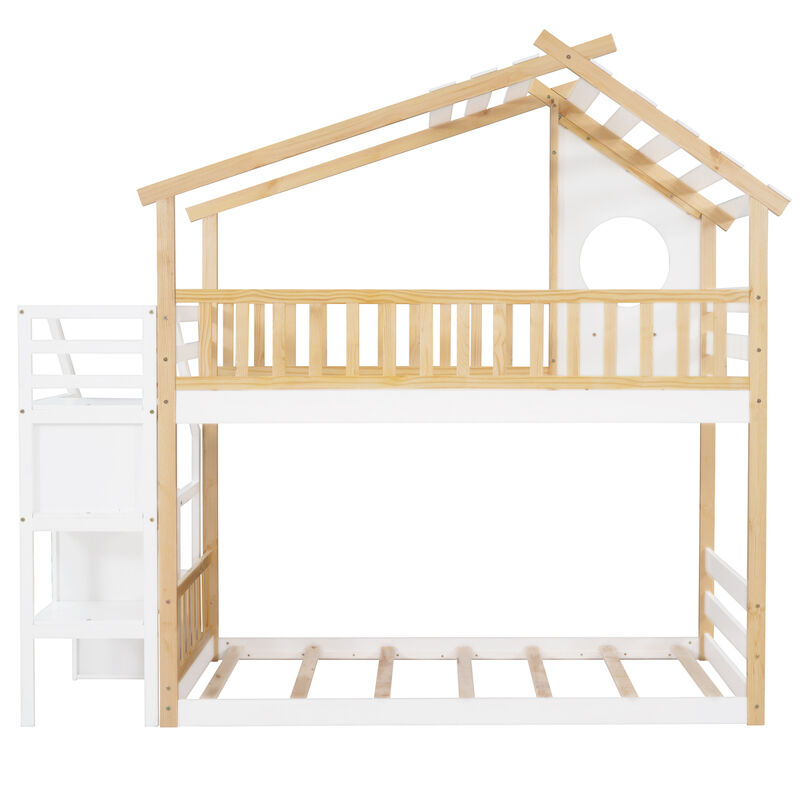 Stairway Twin-Over-Twin Bunk Bed, House Bed, Storage And Guard Rail, Natural Bed + Stair