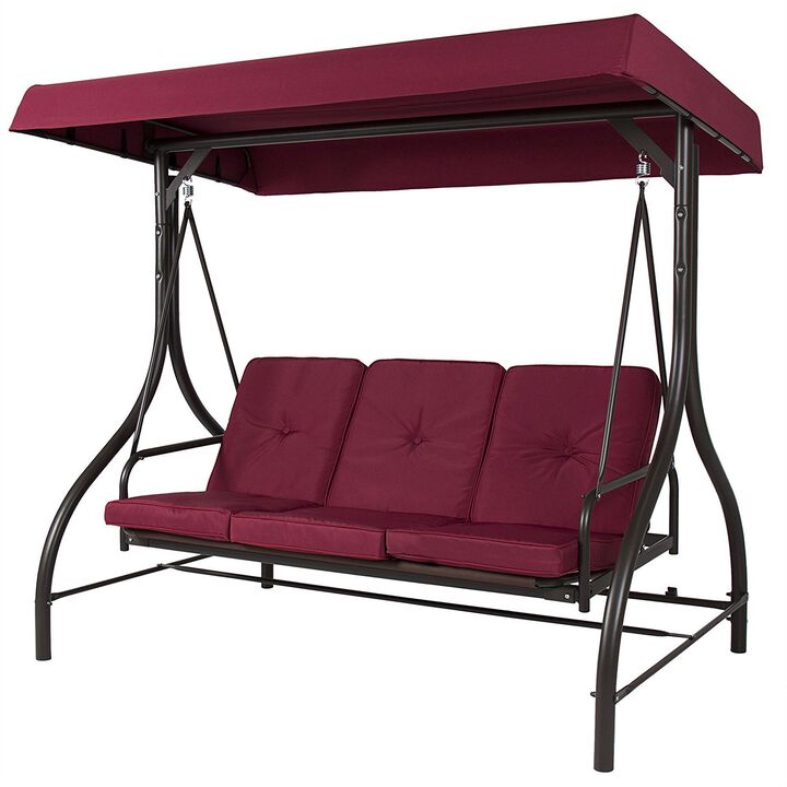 Hivvago Burgundy Outdoor Patio Deck Porch Canopy Swing with Cushions