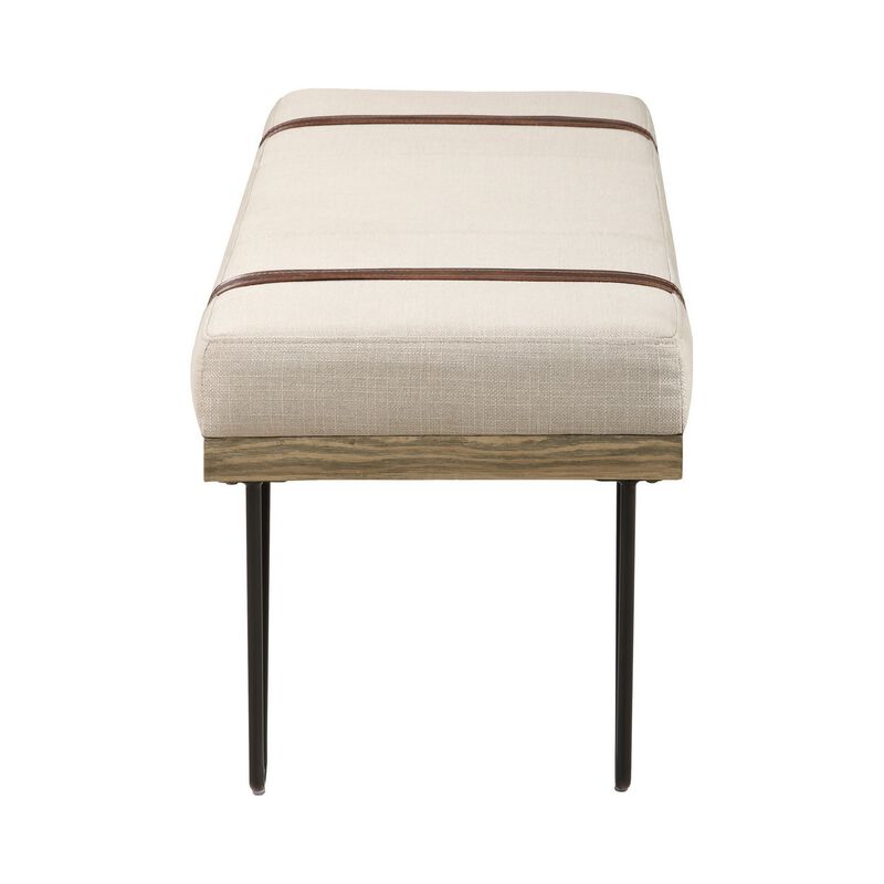 47 Inch Accent Bench, Faux Leather Straps, Black Hairpin Legs, Beige Fabric-Benzara