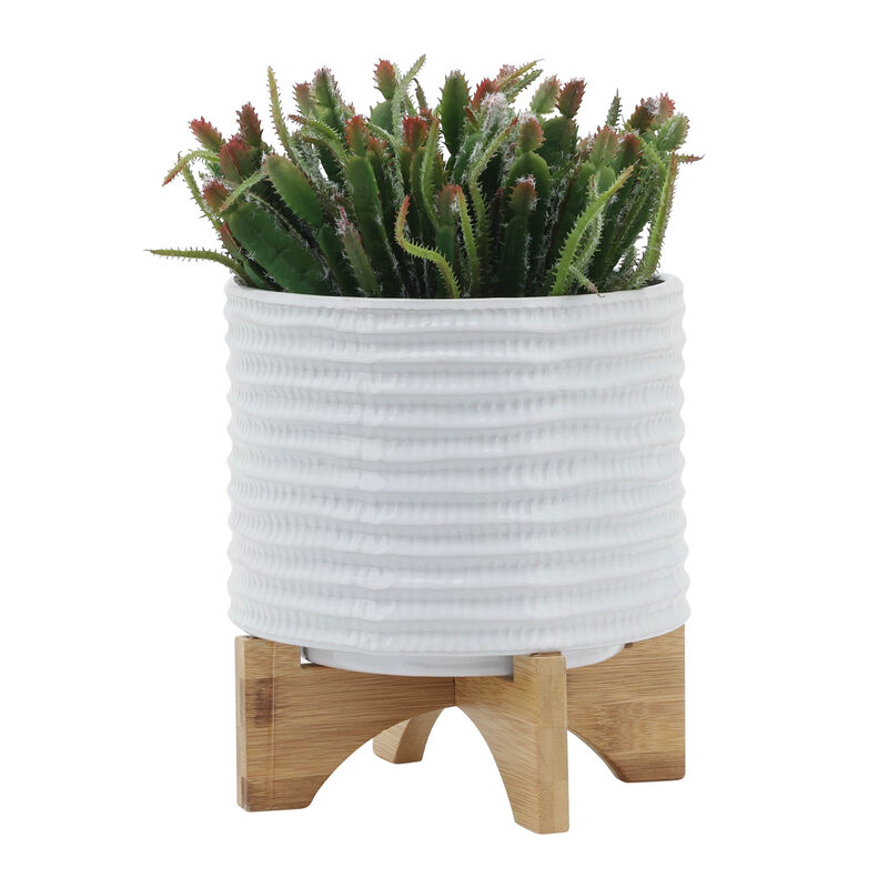8" Textured Planter with Stand, White