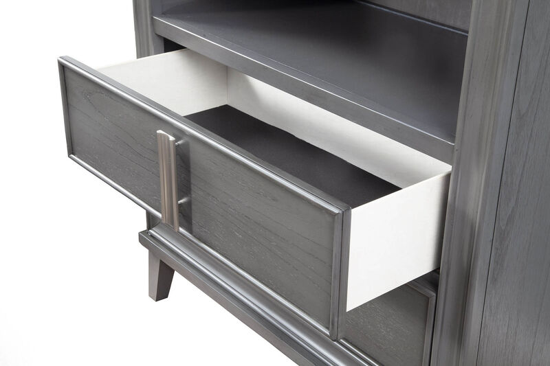 Transitional Style Wooden Media Chest With Two Drawers and One Open Shelf, Gray-Benzara