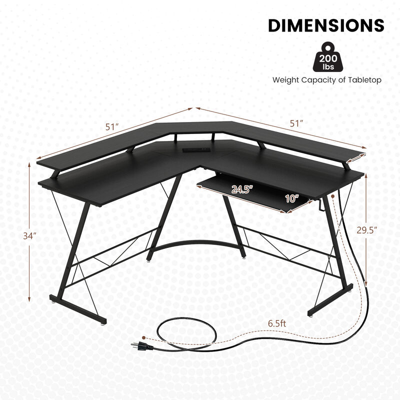 L-shaped Computer Desk with Power Outlet and Monitor Stand