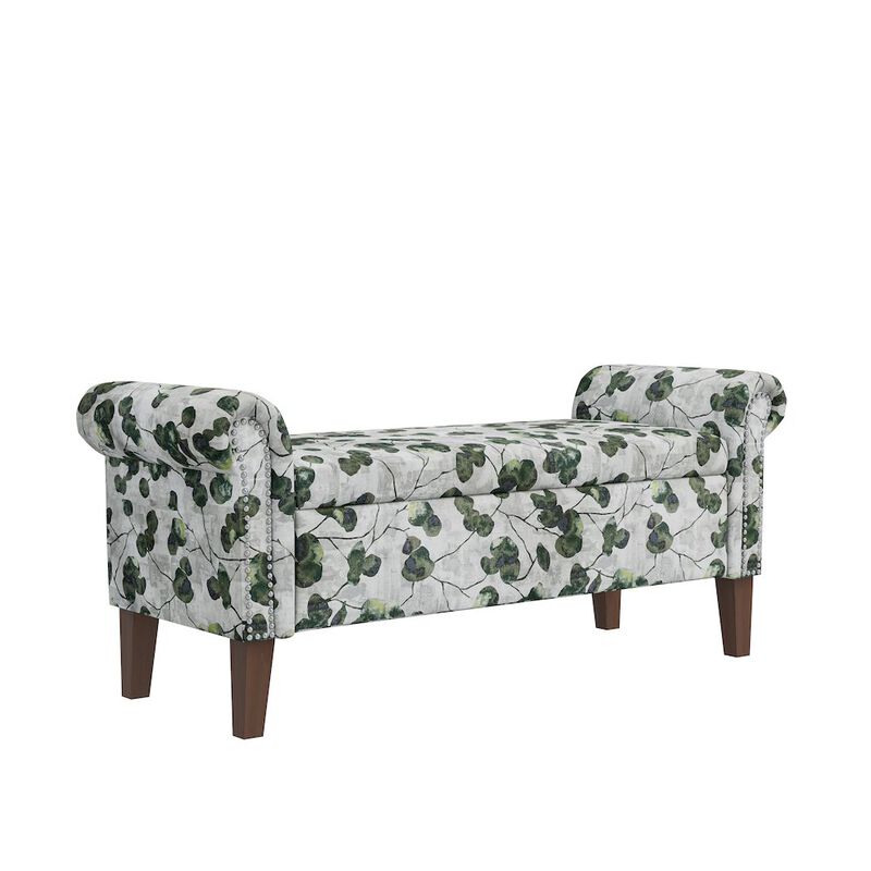 HL Home Furnishings Rolled Arm Storage Ottoman in Green Floral Bonsai