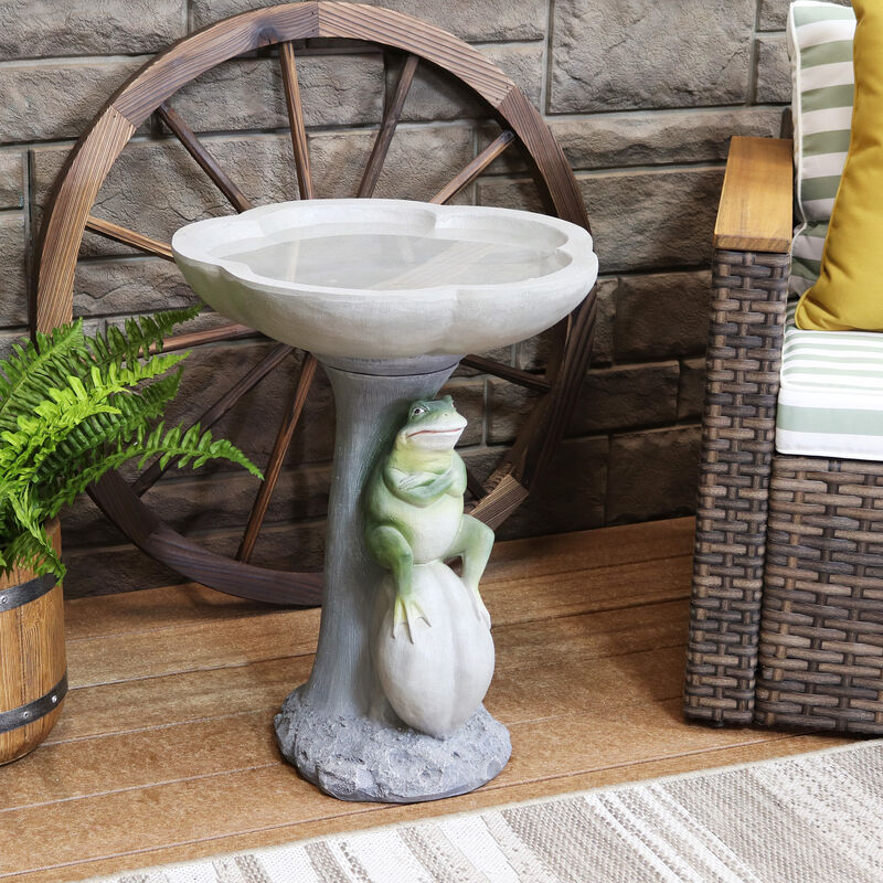 Sunnydaze Polyresin Brooding Frog on Stone Outdoor Garden Bird Bath - 22 in